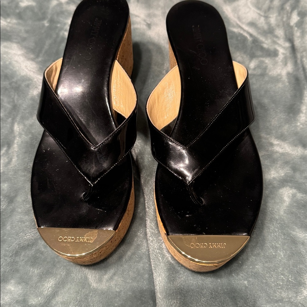 Authentic Jimmy Choo Black Wedge Sandals With COA. Size 39
